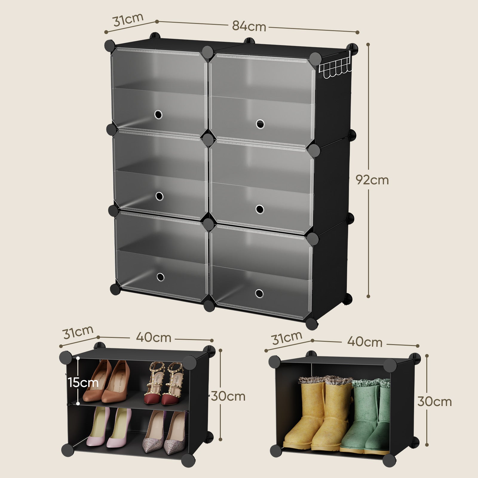 Sekey Schuhschrank Schwarz – Modulares Stecksystem, stabil & platzsparend, ideal für Flur & Kleiderschrank