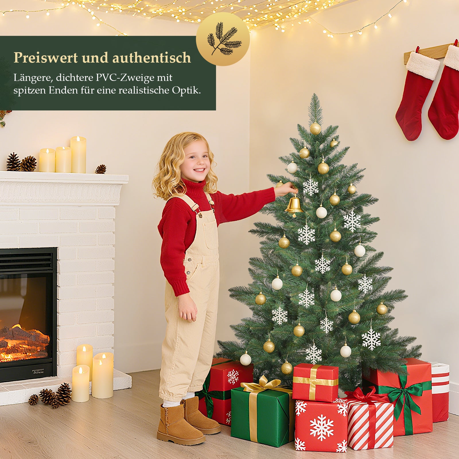 SALCAR Künstlicher Weihnachtsbaum mit Holzständer, 150/180/210 cm, Realistischer PVC Christbaum, Pflegeleicht & Hochwertige Weihnachtsdekoration für Innenräume