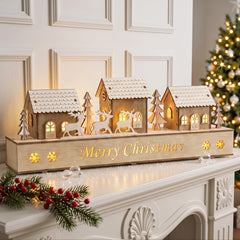 Salcar LED Schwibbogen aus Holz – 43 cm 3D Weihnachtsdorf, 8 LEDs, Batteriebetrieben, Naturholzoptik