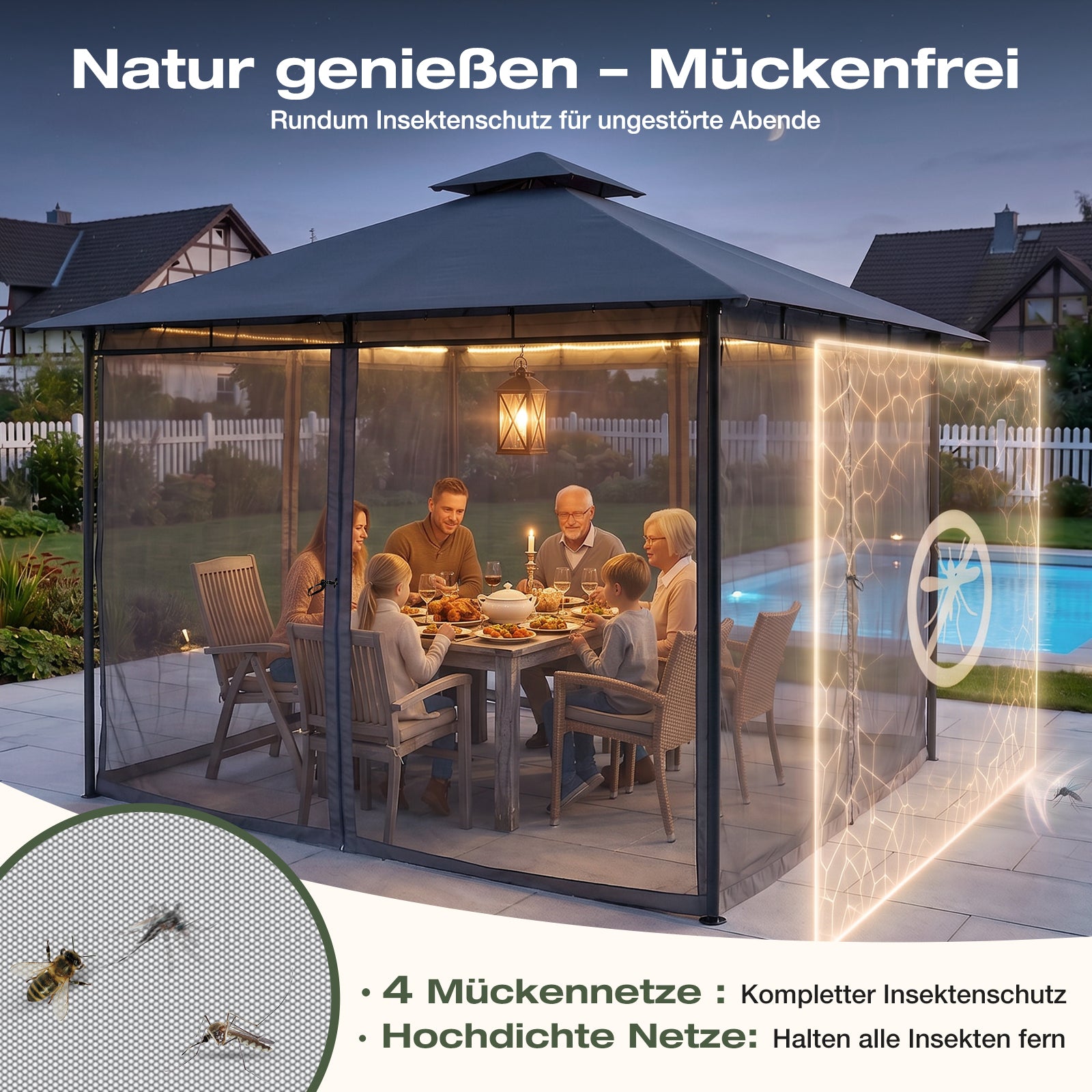 Sekey Pavillon 3x3m Wasserdicht Stabil Winterfest mit 4 Moskitonetzen – sekeymall