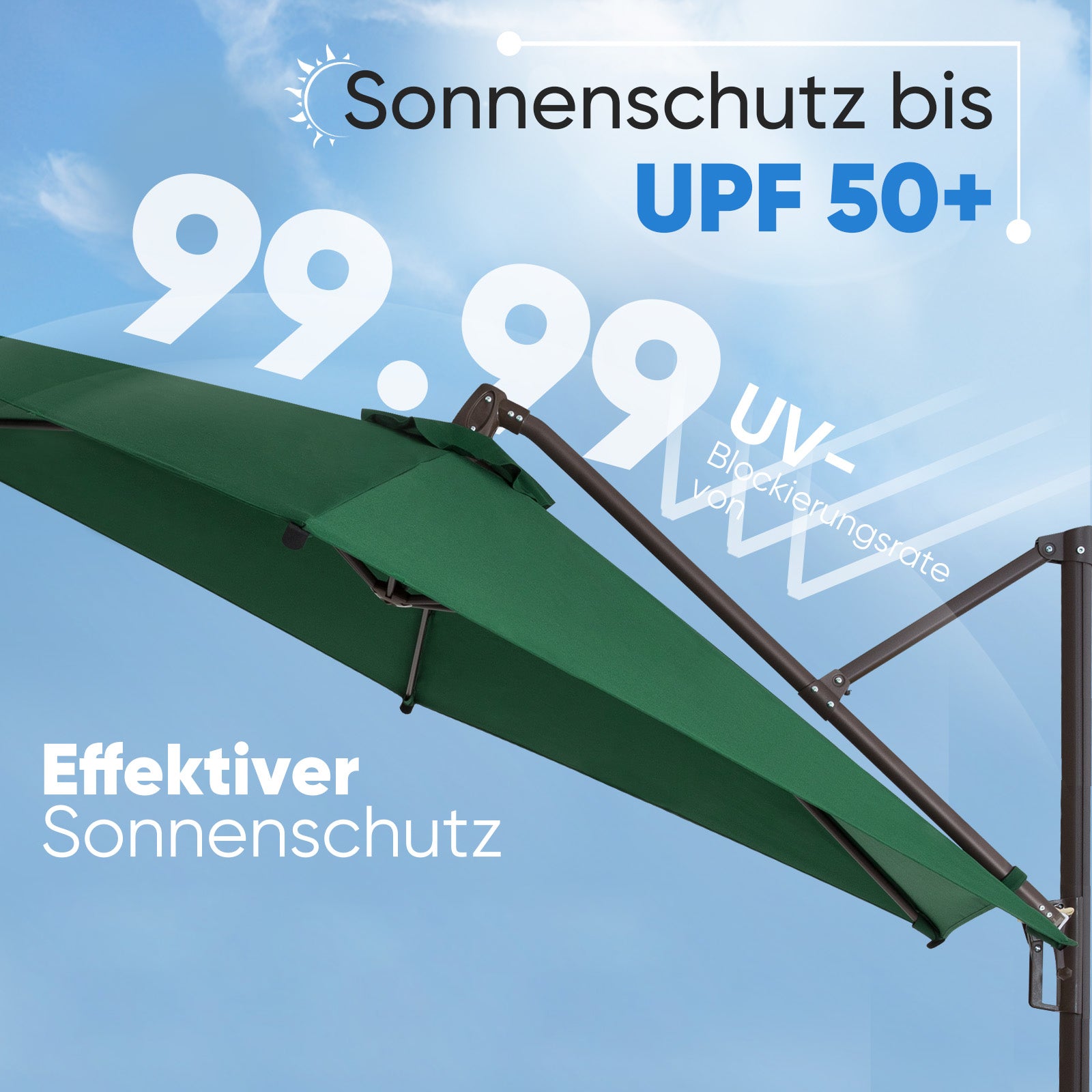 Sekey Ampelschirm 300 cm – Aluminium Sonnenschirm mit 360° Drehung, Neigefunktion, UV50+ Schutz