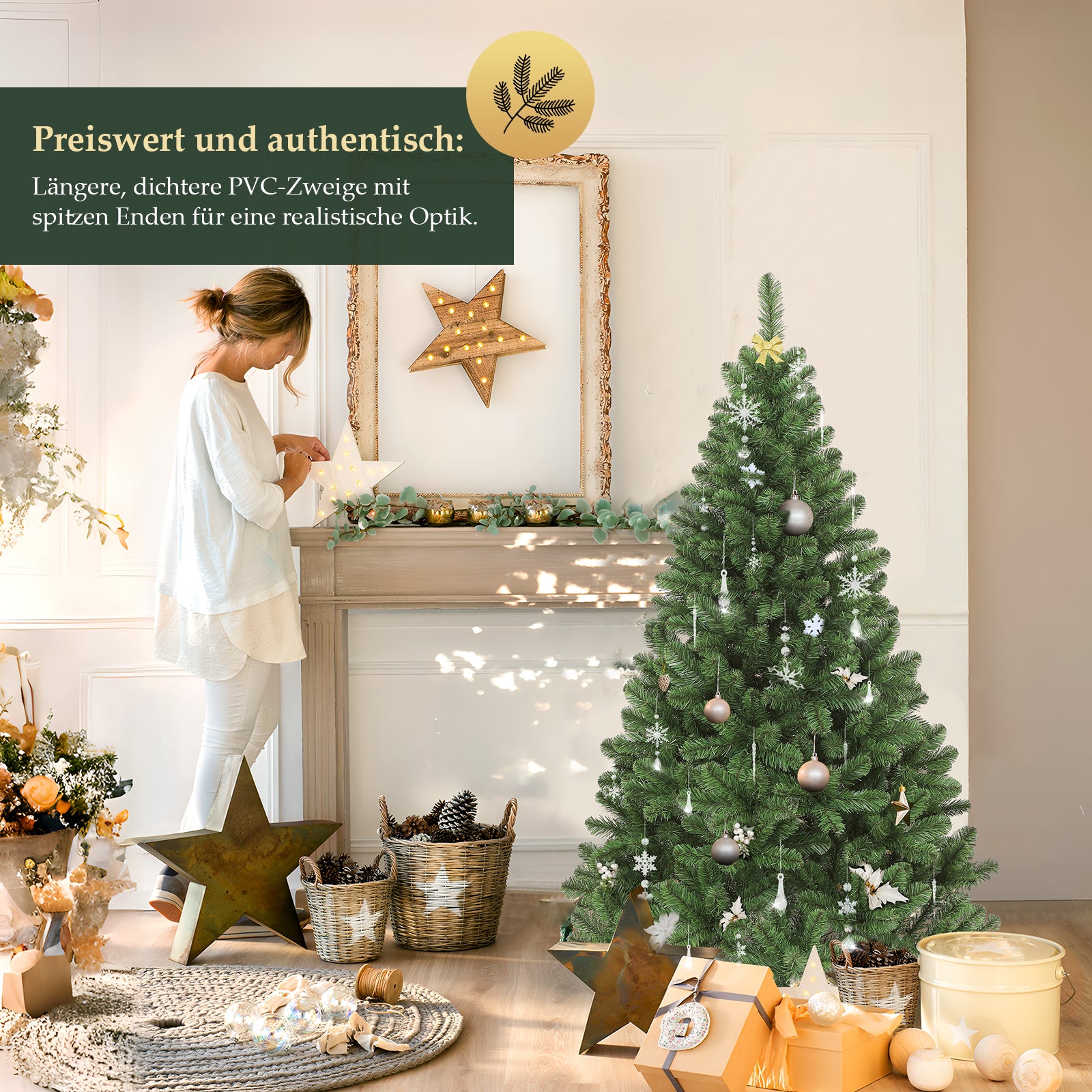 SALCAR Künstlicher Weihnachtsbaum 120/150/180/210 cm – Nordmanntanne-Optik mit Holzständer, Premium-Tannenbaum aus PVC mit runden Zweigspitzen