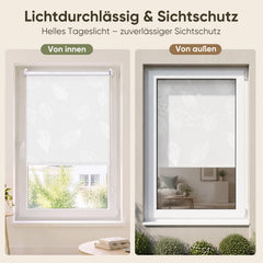 Sekey Rollo Blatt Weiß – Seitenzugrollo mit dekorativem Muster, Klemmfix ohne Bohren, lichtdurchlässig, stufenlos verstellbar