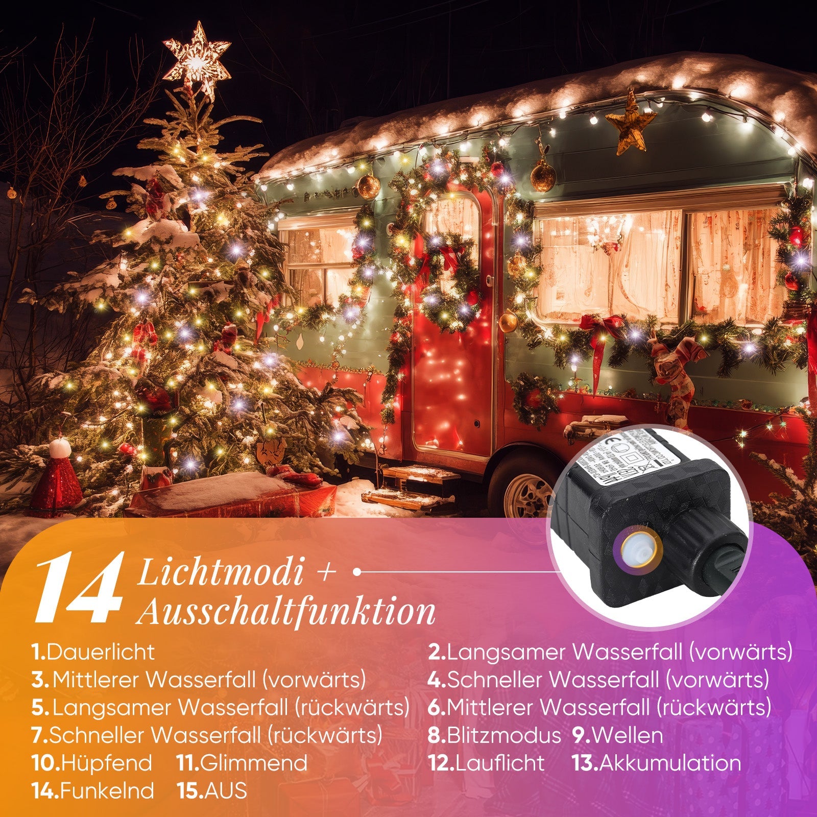 15 M LED Lichterkette Außen Warmweiß – IP44, 100 LEDs, 8 Modi, Timer & Memory, Mit Netzstecker