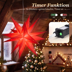 Salcar LED Papierstern – Beleuchteter 3D Weihnachtsstern mit 18 Spitzen, Warmweiß, Hängende Weihnachtsdeko für Fenster & Innenbereich