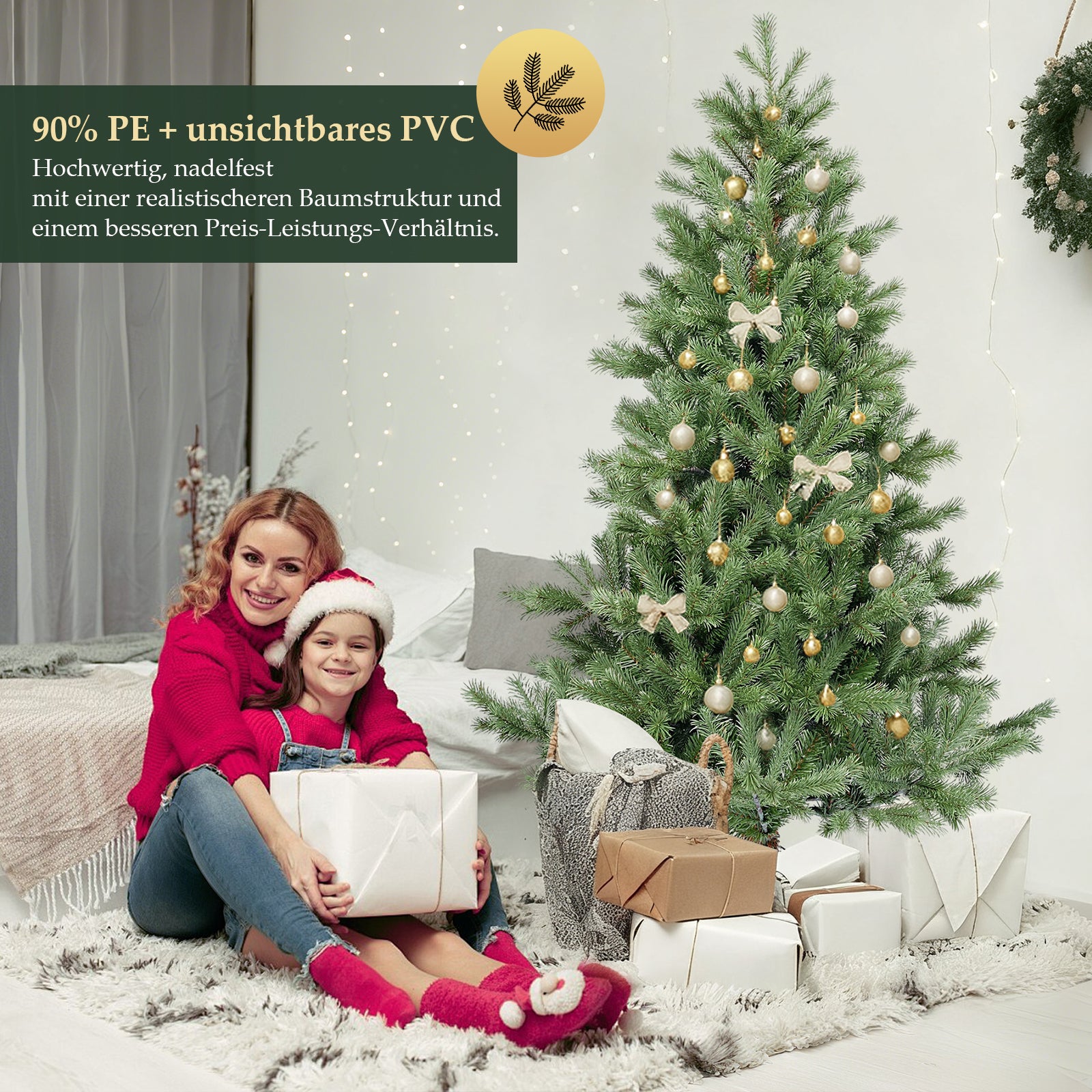 SALCAR Künstlicher Weihnachtsbaum 150/180/210 cm aus 90 % PE Spritzguss, Premium Nordmanntanne, realistischer Christbaum mit stabilem Metallständer & Schnellaufbau-Klappsystem