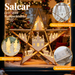 SALCAR LED Stern aus Holz 30 cm – Warmweiß leuchtende Weihnachtsdeko Tischlampe, Batteriebetrieben, Winter- & Adventsdekoration für Tisch & Fenster