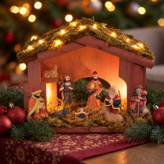 Salcar Weihnachtskrippe aus Holz mit Figuren – 20 LEDs, Batteriebetrieben, 23,5 cm Weihnachtsdeko