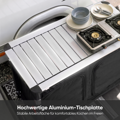 Sekey Campingschrank faltbar mit rollbarer Aluminium-Tischplatte, Campingküche Outdoor 79 × 48 × 96 cm, 6 Fächer, Aluminiumgestell, Camping Tisch mit Stauraum für Wohnmobil, Garten & Festival