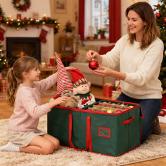 SALCAR Grüne Aufbewahrungsbox für 128 Weihnachtskugeln – Faltbare Christbaumkugel-Box 64,8×32,3×34,2 cm mit 128 Fächern, Tragegriffen & Doppelreißverschluss