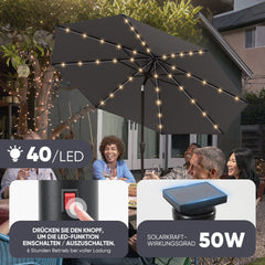 Sekey Solar-LED Sonnenschirm 300cm mit 40 LED, UV 50+, Alu-Sonnenschirm mit Kurbel Sekey