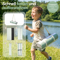 Sekey Picknickdecke Wasserdicht – Sandfreie Stranddecke mit Klassischem Streifenmuster in Hellgrün, Hellbraun & Weiß, PEVA-Unterseite & Tragegurt für Picknick, Camping und Strand
