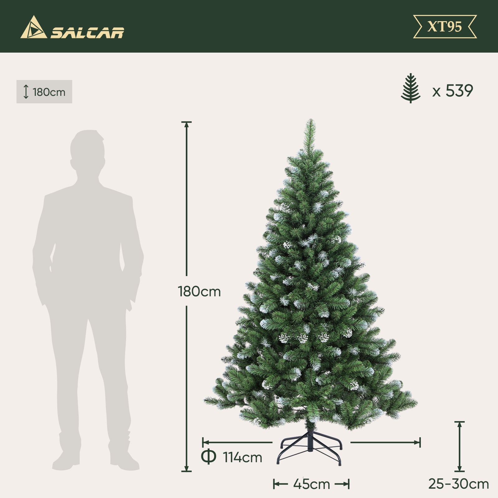 SALCAR Künstlicher Weihnachtsbaum mit Schnee – 120/150/180/210 cm Christbaum, täuschend echt, mit Metallständer, PVC Tannenbaum für Innen & Außen