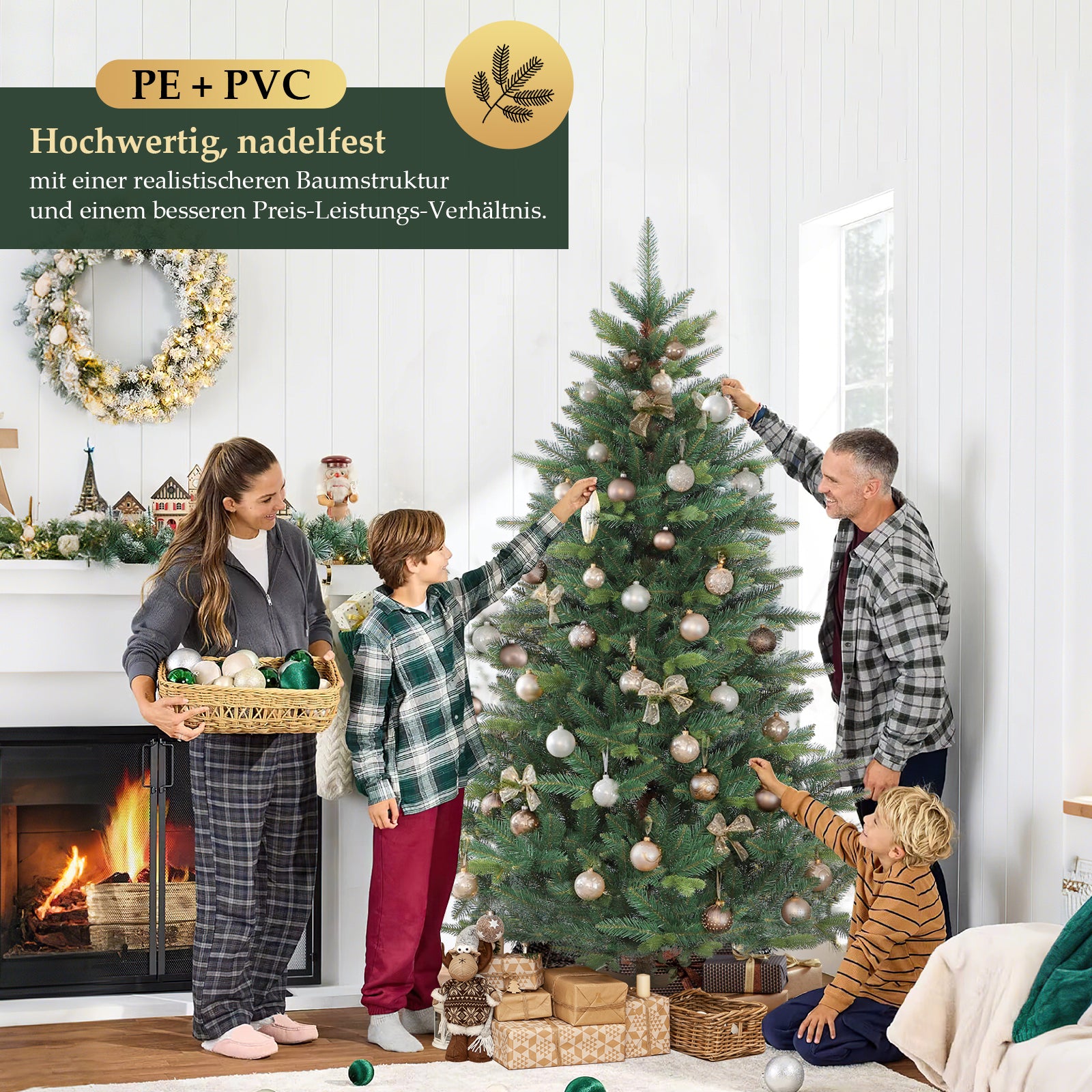 SALCAR Künstlicher Weihnachtsbaum mit Holzständer, Premium PE+PVC Tannenbaum, Realistische & Dichte Optik, Einfacher Aufbau für Innenräume
