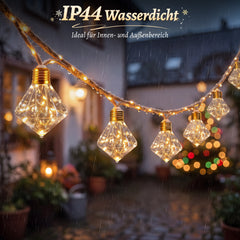 Salcar Lichterkette Outdoor mit Hanfseil – 10 Diamant-Leuchten, 149 LEDs, 5 m, Warmweiß, 8 Modi