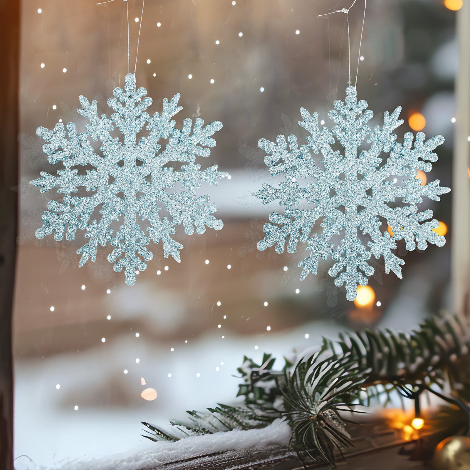 SALCAR 24 Stück Schneeflocken Weihnachtsdeko Blau – Glitter Schneeflocken Anhänger Ø10cm, Wiederverwendbarer Weihnachtsbaumschmuck für Winter & Festtage