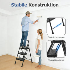 Sekey Klappbare Trittleiter 2/3/4 Stufen – Stahlrahmen, rutschfeste Trittflächen, TÜV & SGS geprüft, bis 150 kg belastbar, Schwarz