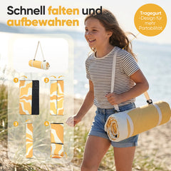 Sekey Picknickdecke Wasserdicht – Sandfreie Stranddecke mit Sonnen-Motiv, PEVA-Unterseite & Tragegurt für Picknick, Camping und Strand