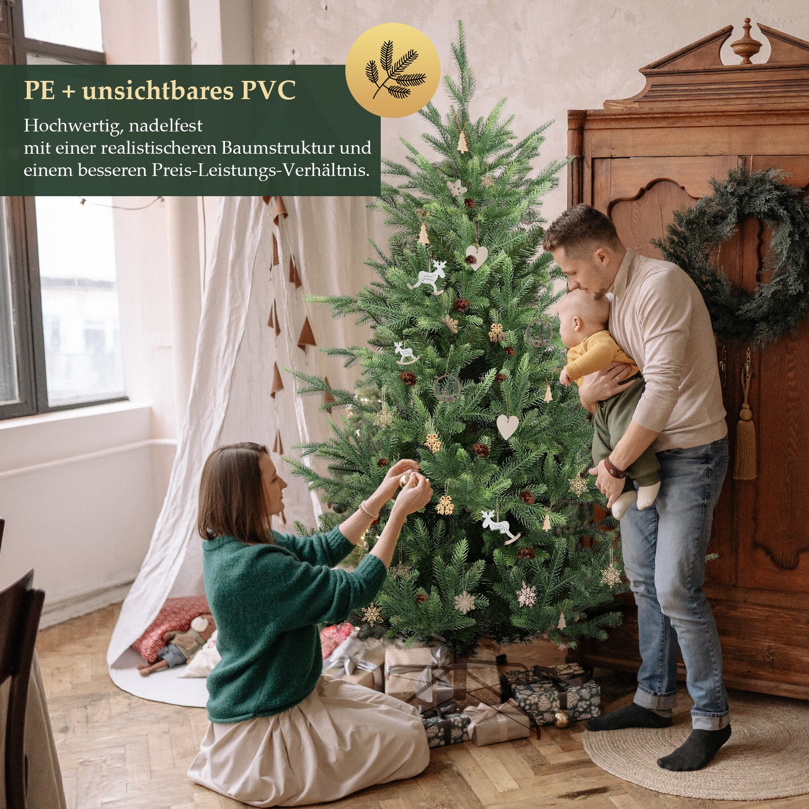 SALCAR Künstlicher Weihnachtsbaum 150/180/210 cm, 90 % PE Spritzguss Premium Tannenbaum, naturgetreuer Christbaum mit Metallständer & Handschuhen – Dicht, Klappbar & Wiederverwendbar