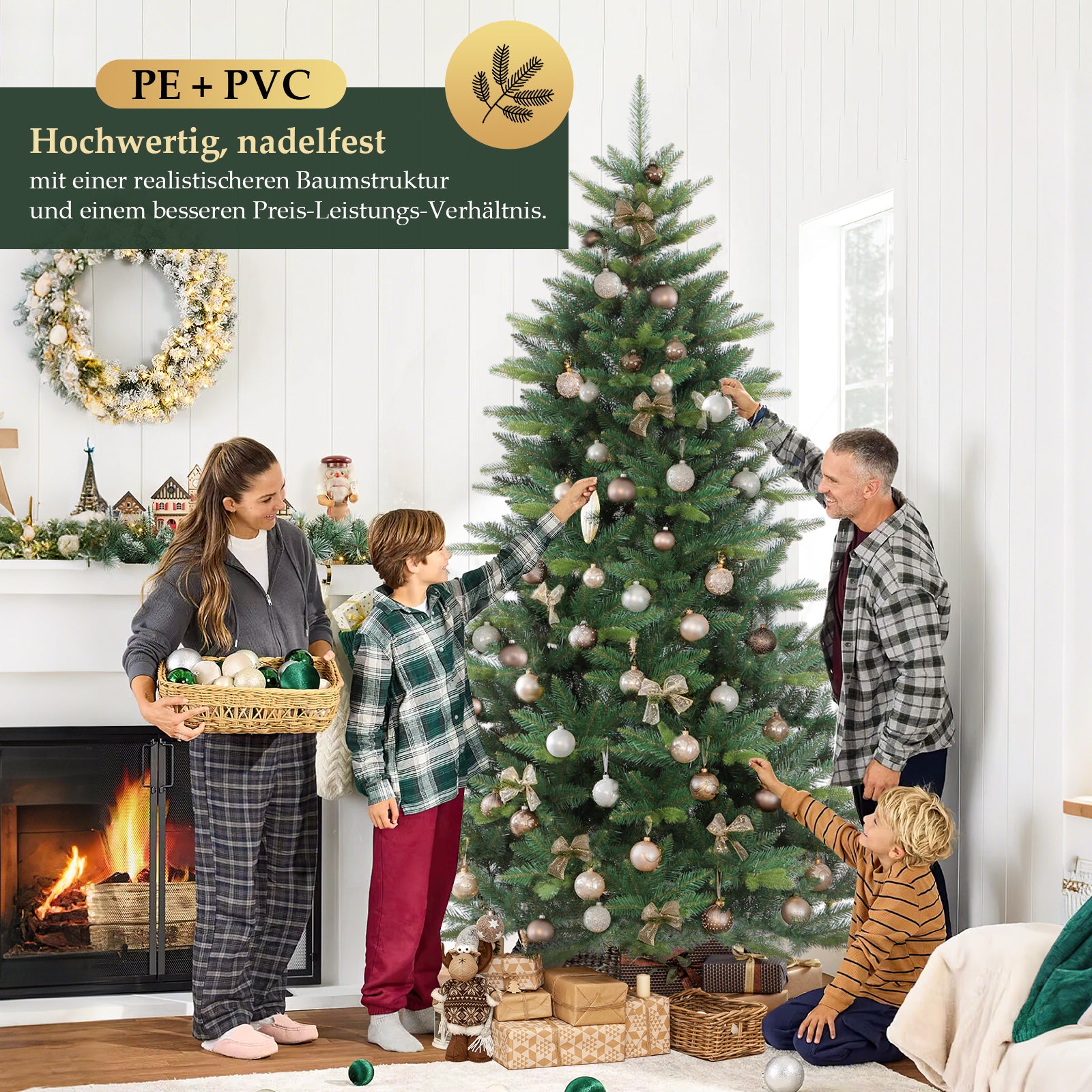 SALCAR Künstlicher Weihnachtsbaum mit Holzständer, Premium PE+PVC Tannenbaum, Realistische & Dichte Optik, Einfacher Aufbau für Innenräume