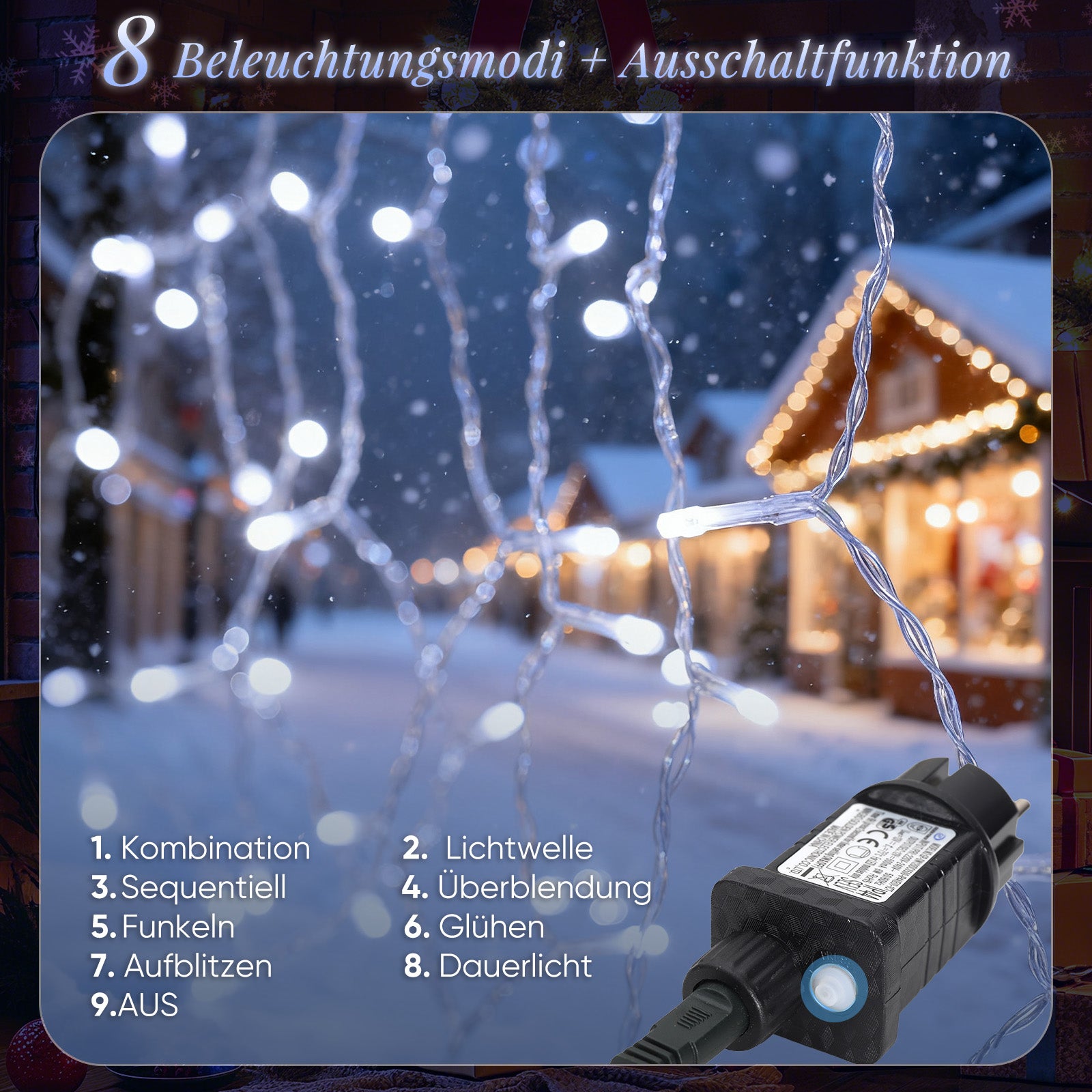 SALCAR LED Eisregen Fenster Lichtervorhang – Kaltweiß, 8 Modi, Timer & Memory, IP44 Wasserdicht – Für Innen & Außen, Weihnachtsbeleuchtung für Fenster, Balkon & Wand (2m/3m/6m)