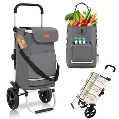 Sekey Faltbarer Einkaufstrolley 3-in-1 – Leichter Aluminium-Trolley 60 kg Tragkraft, Höhenverstellbarer Griff, Automatische Faltfunktion, Inklusive Kühlfach & Getränkefach, Ideal für Einkäufe & Camping