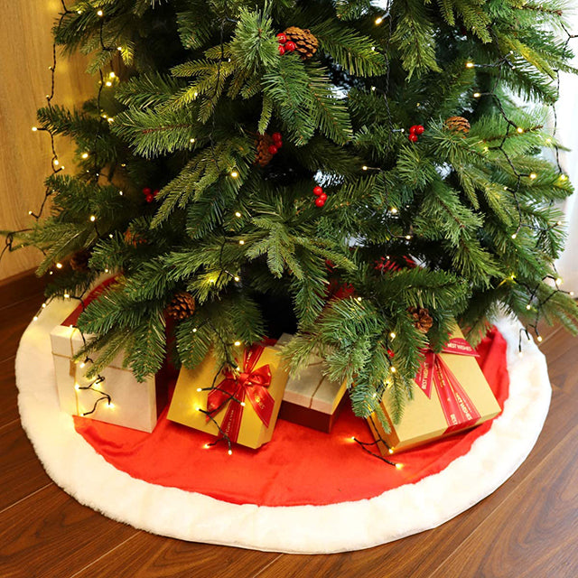 Salcar tree carpet Christmas round, Christmas tree blanket red white, plush Christmas tree skirts