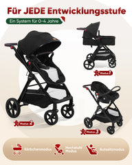 Sekey BW600 3-in-1 Kombi-Kinderwagen – Reisesystem mit Babyschale, Liegewanne & Buggy, Moskitonetz, Regenschutz, Federung, 5-Punkt-Gurt, All-Wetter Travel System 0–4 Jahre