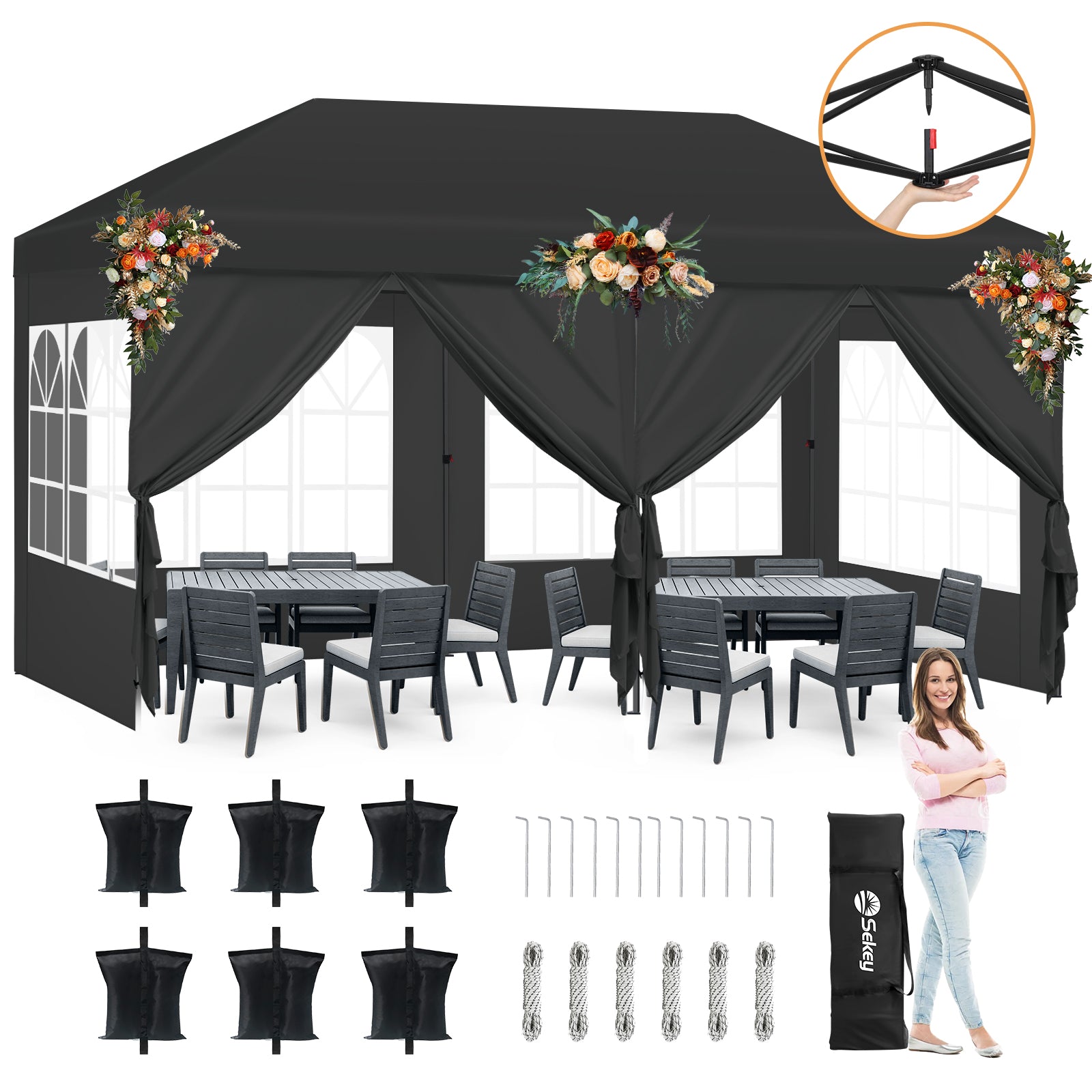 Faltpavillon 3x6m mit 6 Seitenteilen, One-Touch-System, UV50+ & wasserdicht, Höhenverstellbar (250–270cm), inkl. Sandsäcke & Tragetasche