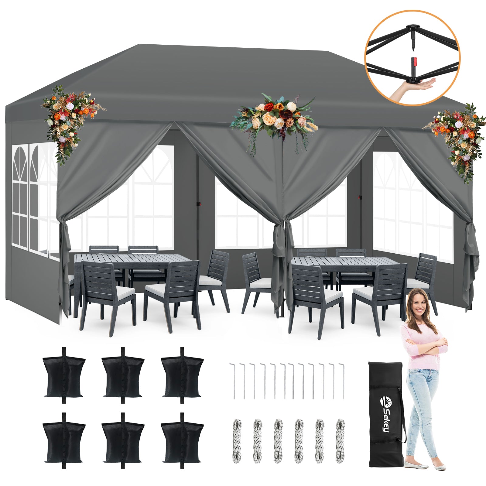 Faltpavillon 3x6m mit 6 Seitenteilen, One-Touch-System, UV50+ & wasserdicht, Höhenverstellbar (250–270cm), inkl. Sandsäcke & Tragetasche