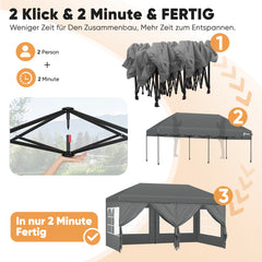 Sekey Faltpavillon 3x6m mit 6 Seitenteilen, One-Touch-System, UV50+ & wasserdicht, Höhenverstellbar (250–270cm), inkl. Sandsäcke & Tragetasche