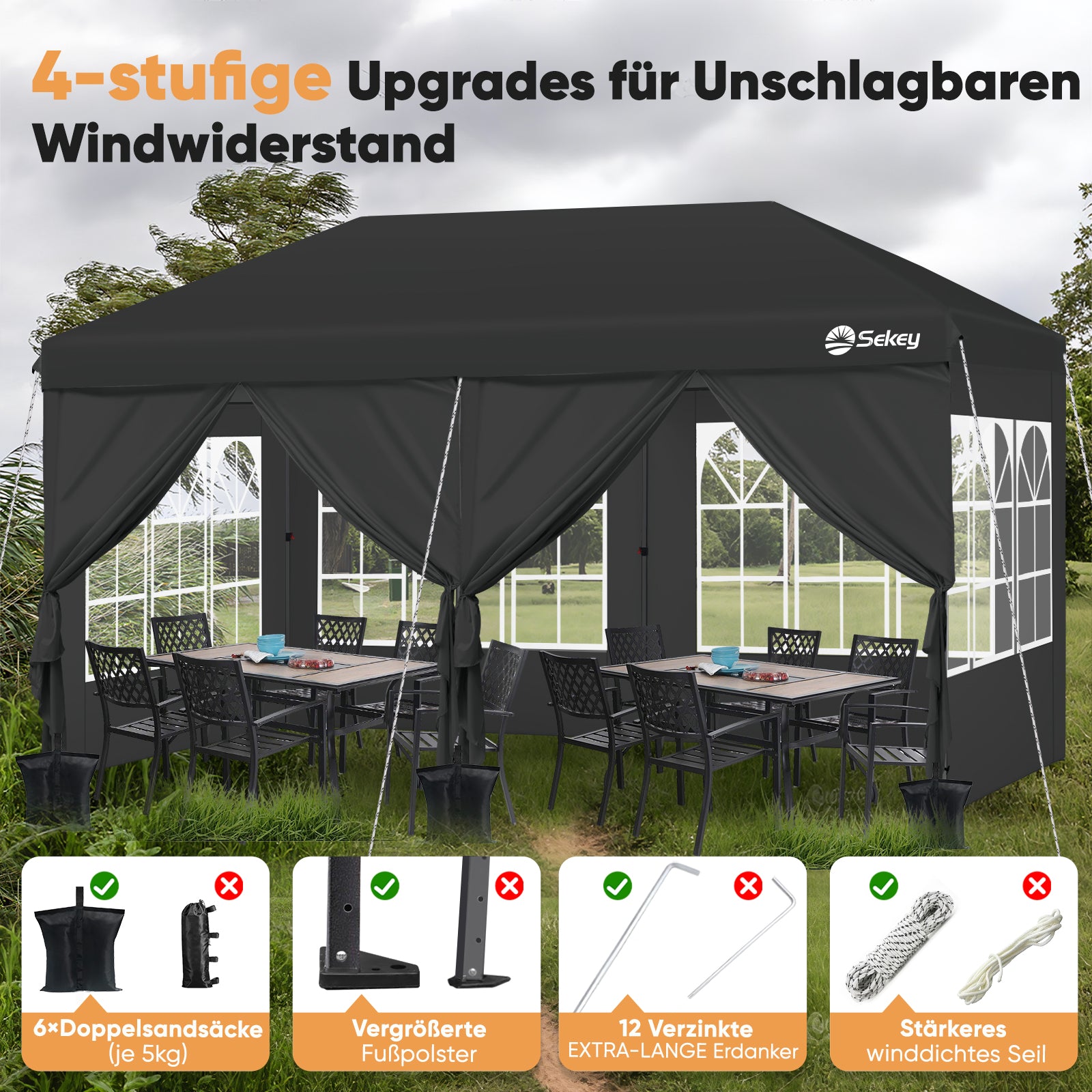 Faltpavillon 3x6m mit 6 Seitenteilen, One-Touch-System, UV50+ & wasserdicht, Höhenverstellbar (250–270cm), inkl. Sandsäcke & Tragetasche
