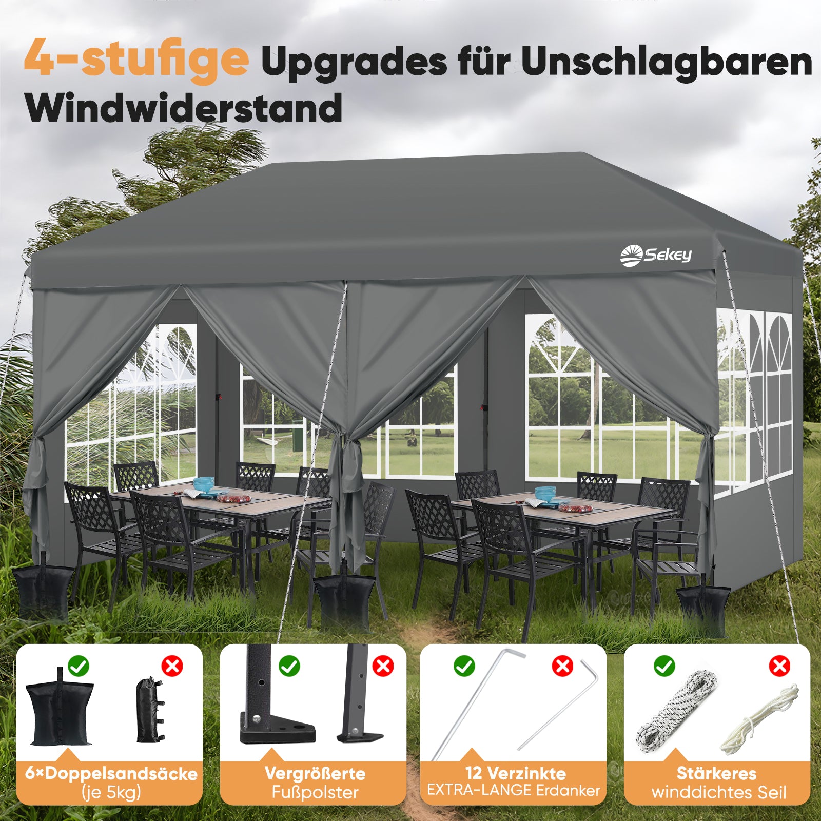 Faltpavillon 3x6m mit 6 Seitenteilen, One-Touch-System, UV50+ & wasserdicht, Höhenverstellbar (250–270cm), inkl. Sandsäcke & Tragetasche