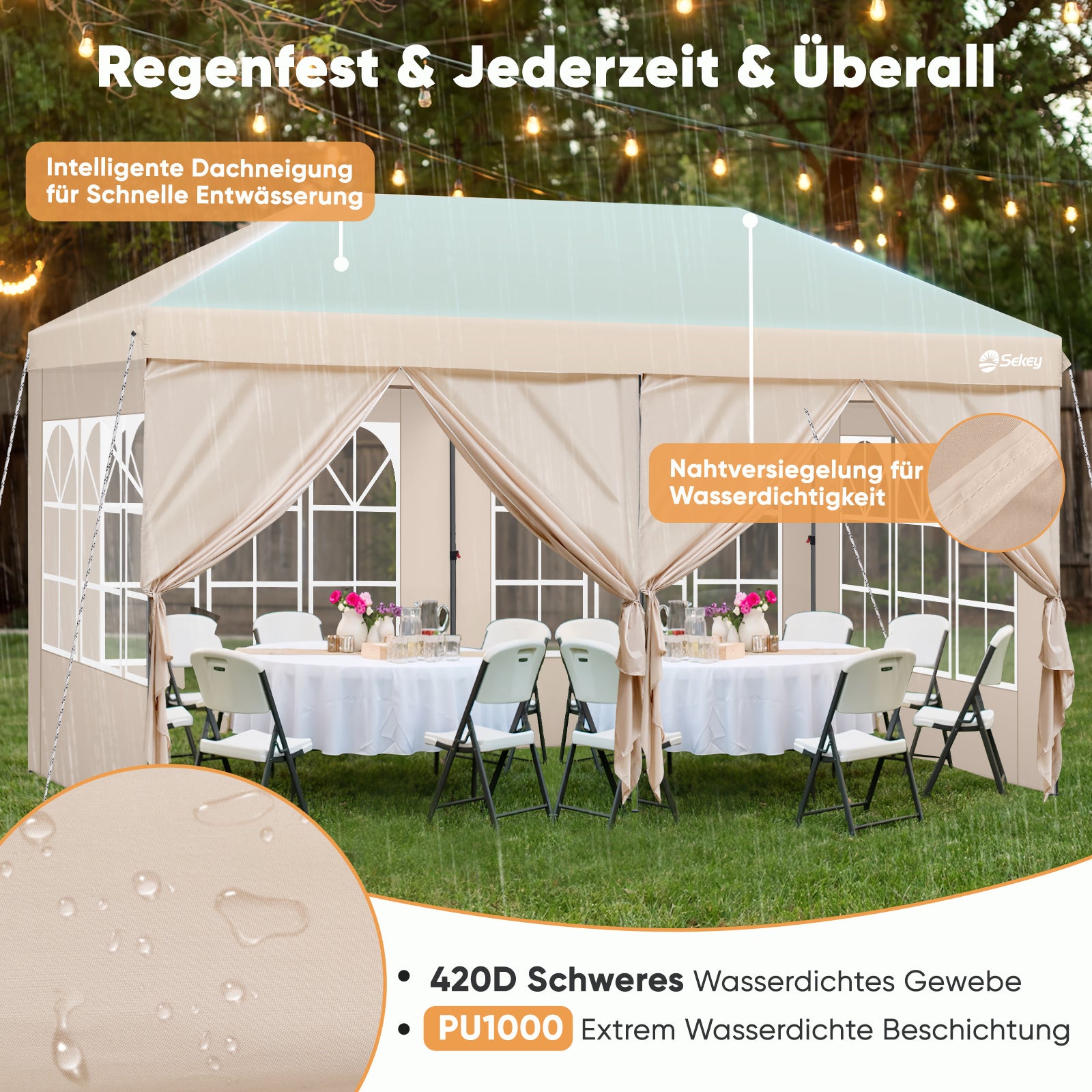 Faltpavillon 3x6m mit 6 Seitenteilen, One-Touch-System, UV50+ & wasserdicht, Höhenverstellbar (250–270cm), inkl. Sandsäcke & Tragetasche