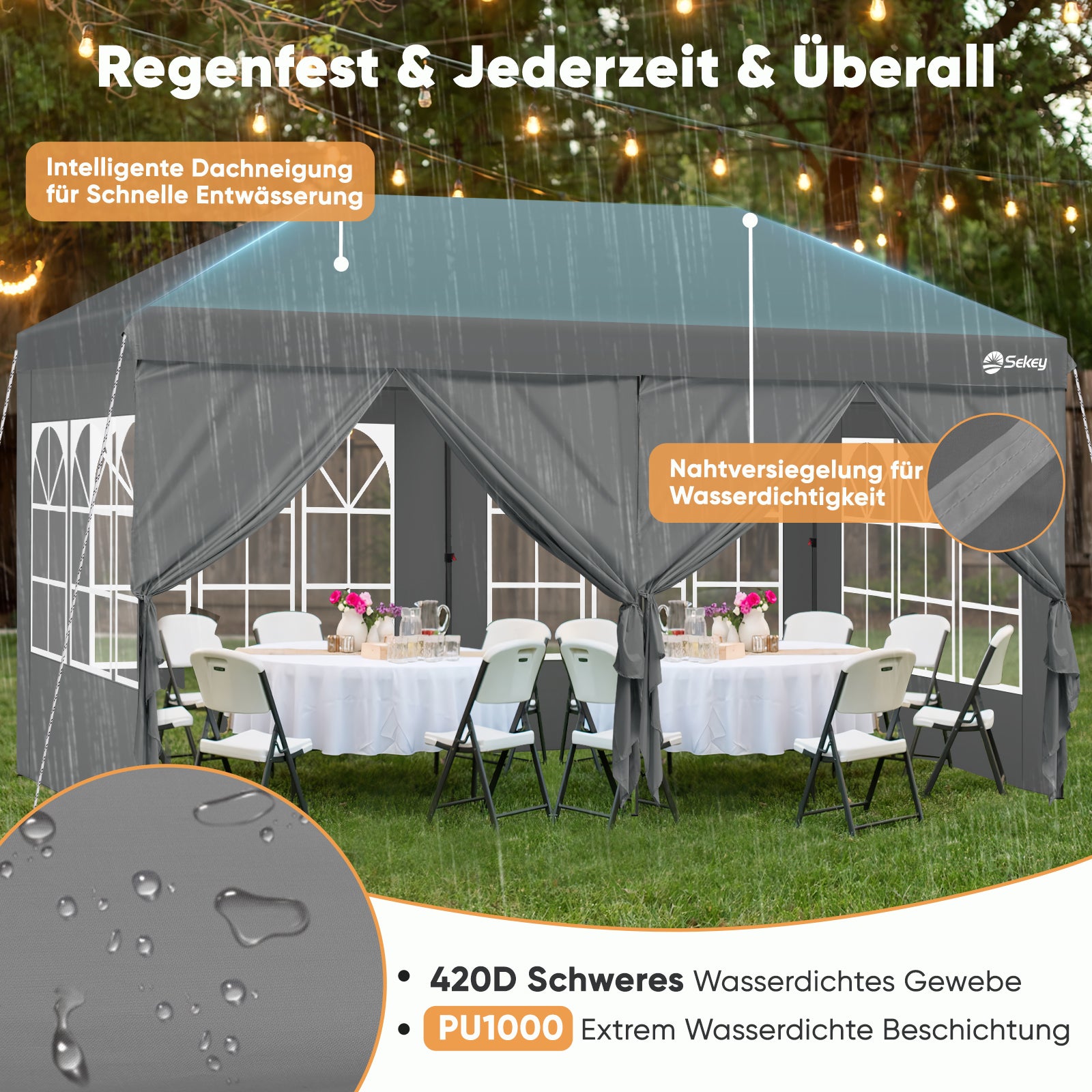 Faltpavillon 3x6m mit 6 Seitenteilen, One-Touch-System, UV50+ & wasserdicht, Höhenverstellbar (250–270cm), inkl. Sandsäcke & Tragetasche
