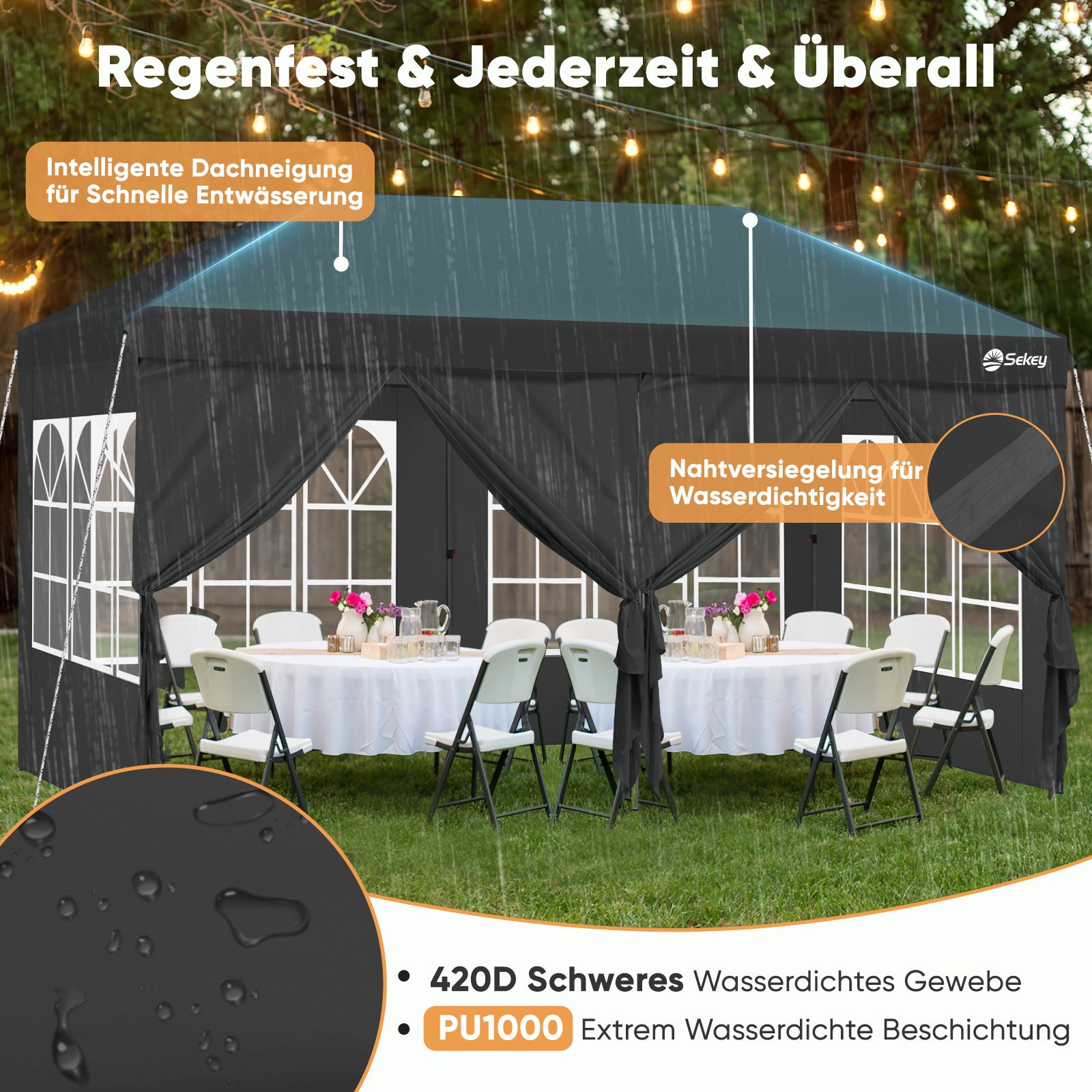 Faltpavillon 3x6m mit 6 Seitenteilen, One-Touch-System, UV50+ & wasserdicht, Höhenverstellbar (250–270cm), inkl. Sandsäcke & Tragetasche
