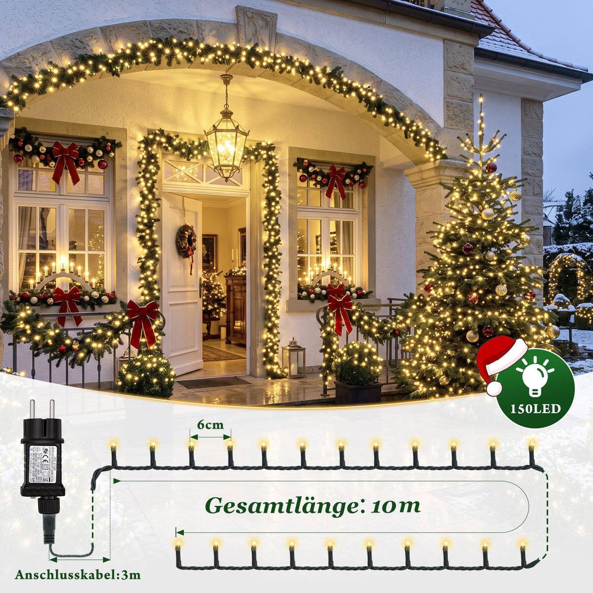 Salcar Gelb LED Lichterkette 10–15 m mit 150/220 LEDs, 8 Lichtmodi, Timer & Memory, IP44, 31V Niedervolt, Weihnachtsbeleuchtung für Innen & Außen