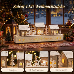 Salcar LED Schwibbogen aus Holz – 43 cm 3D Weihnachtsdorf, 8 LEDs, Batteriebetrieben, Naturholzoptik