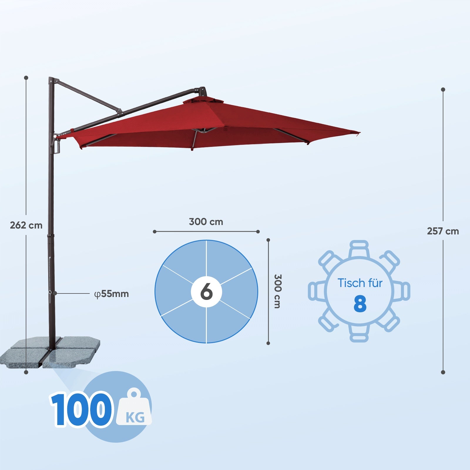 Sekey Ampelschirm 300 cm – Aluminium Sonnenschirm mit 360° Drehung, Neigefunktion, UV50+ Schutz