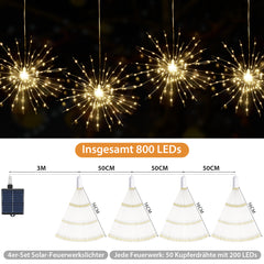 Salcar Solar LED Feuerwerk-Lichterkette warmweiß – 800 LEDs, 4 Feuerwerke, 8 Modi, Fernbedienung, USB & Solar, IP44, Garten- & Weihnachtsbeleuchtung