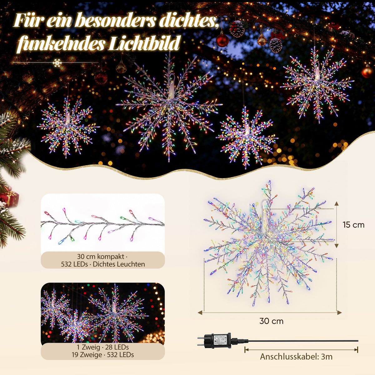 Salcar LED Feuerwerk Lichterkette 532/1250 LEDs – Ø 30/60 cm, Bunt, mit Timer, IP44 für Weihnachten, Hochzeit & Party