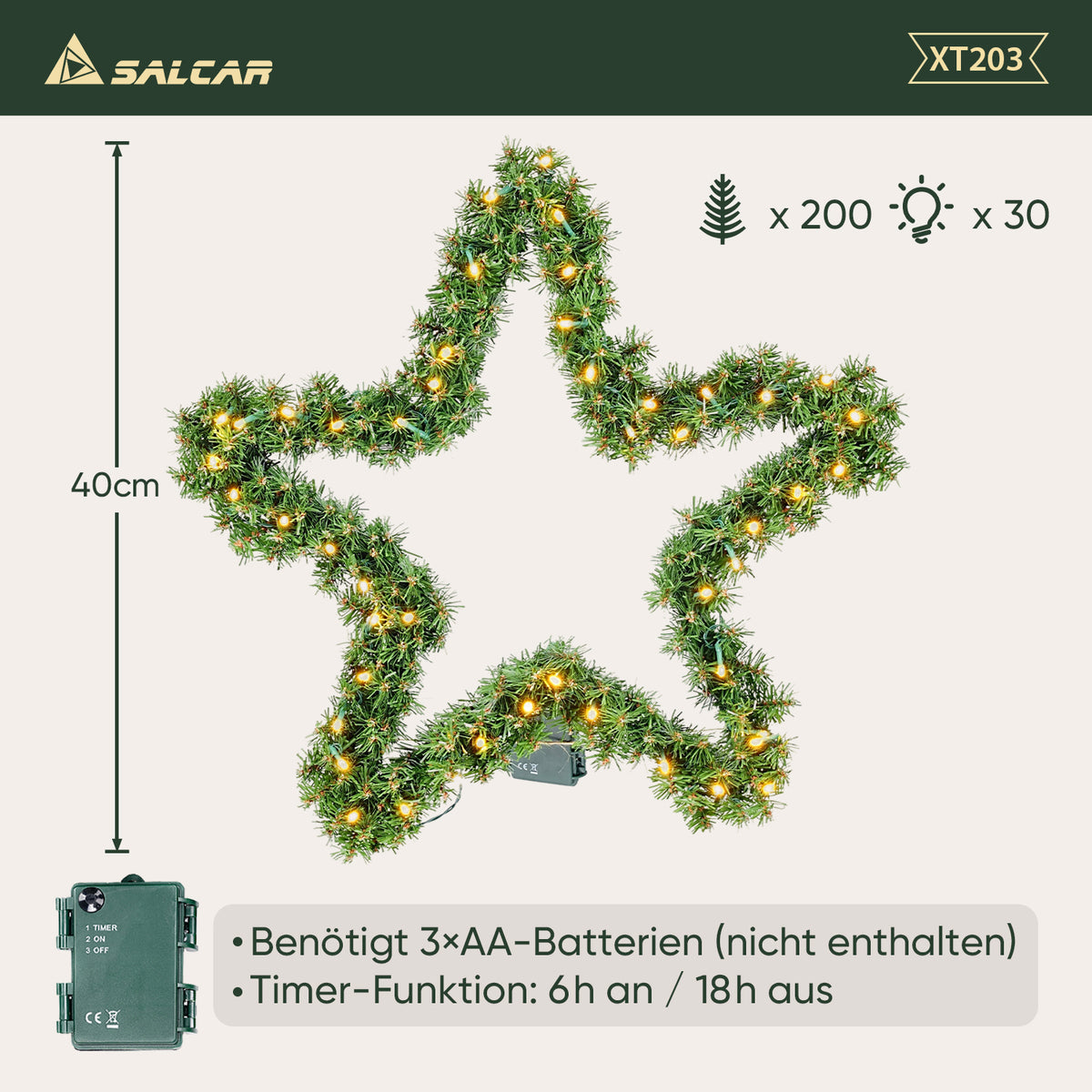 SALCAR Weihnachtsstern aus PVC mit warmweißer LED-Lichterkette – 40 cm / 55 cm, mit Batteriefach & Timer, wetterfest für Innen und Außen