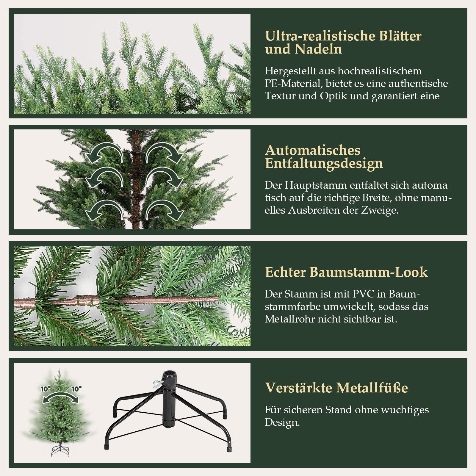 SALCAR Künstlicher Weihnachtsbaum 150/180/210 cm, 90 % PE Spritzguss Premium Tannenbaum, naturgetreuer Christbaum mit Metallständer & Handschuhen – Dicht, Klappbar & Wiederverwendbar