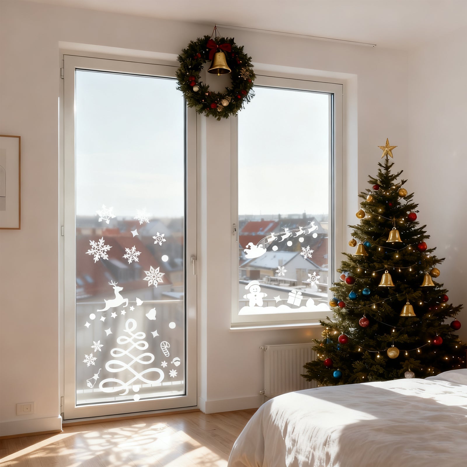 Salcar Fensterbilder Weihnachten – Wiederverwendbare Fensterdeko Weiß, Selbstklebend ohne Kleber, Beidseitig Sichtbar mit Schneeflocken, Häusern & Schneemann Salcar