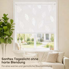 Sekey Rollo Blatt Weiß – Seitenzugrollo mit dekorativem Muster, Klemmfix ohne Bohren, lichtdurchlässig, stufenlos verstellbar