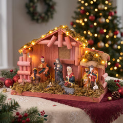 Salcar Weihnachtskrippe aus Holz mit Figuren – 20 LEDs, Batteriebetrieben, 23,5 cm Weihnachtsdeko