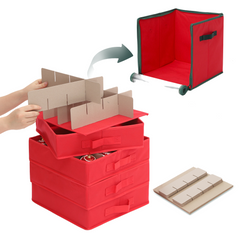 Salcar Aufbewahrungsbox für 64 Weihnachtskugeln – 4 Ebenen, Verstellbare Trennwände, Rote Faltbox 33×33×34 cm mit Sichtfenster