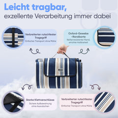 Sekey Wasserdichte Picknickdecke – Sandfeste, faltbare Strandmatte mit gepolstertem PEVA-Untergrund, tragbar für Outdoor, Camping, Strand & Wiese, Blau-Weiß-Beige Streifen Sekey
