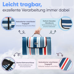 Sekey Picknickdecke – Wasserdicht & sandfest, faltbare Strandmatte mit PEVA-Unterseite, gepolstert & tragbar für Camping, Strand & Wiese – Blau-Weiß-Rote Streifen Sekey