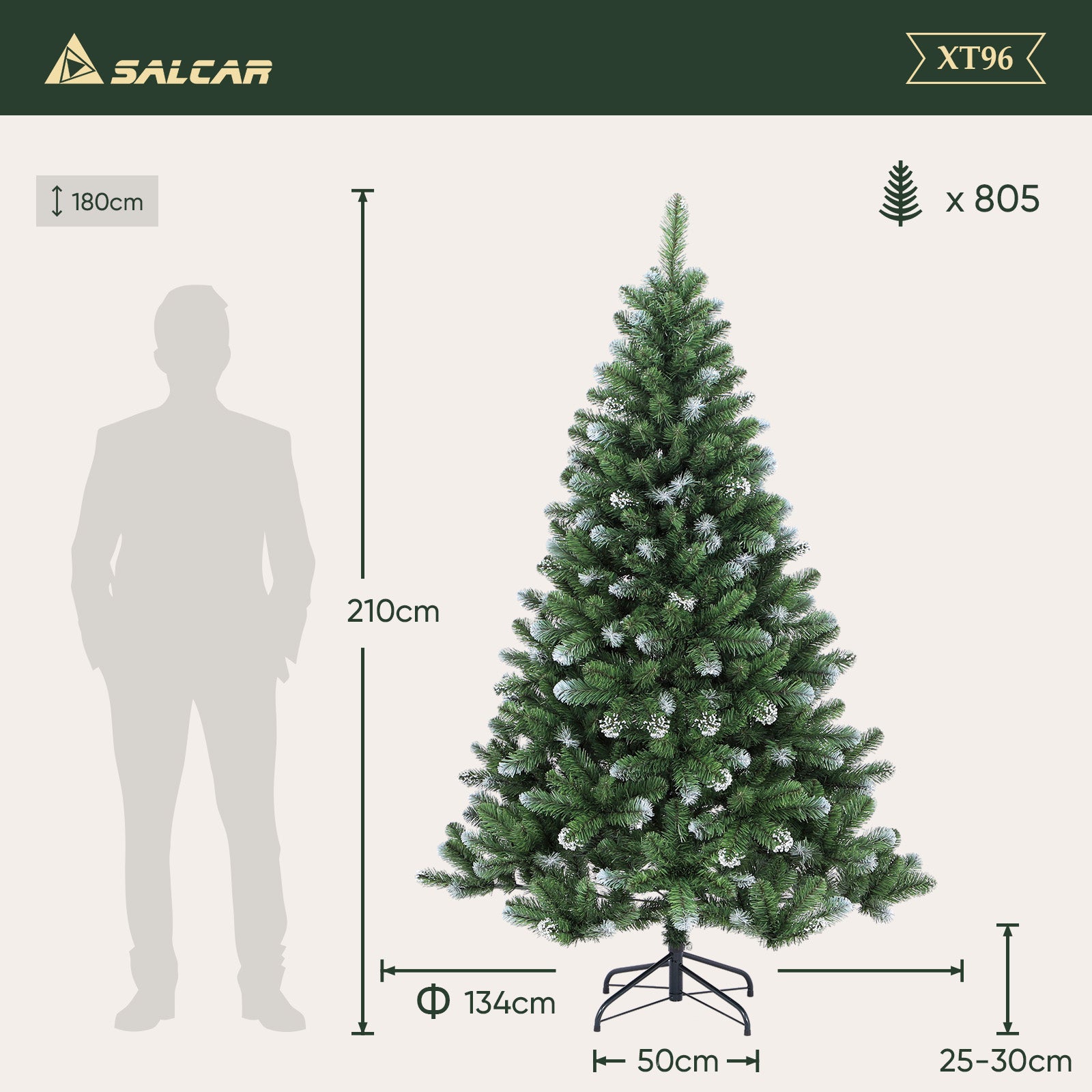 SALCAR Künstlicher Weihnachtsbaum mit Schnee – 120/150/180/210 cm Christbaum, täuschend echt, mit Metallständer, PVC Tannenbaum für Innen & Außen